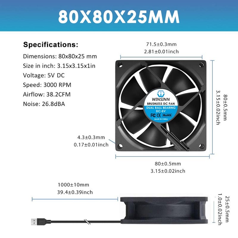 WINSINN DC 80mm USB Fan 5V 8025 Dual Ball Bearing Brushless Cooling 80mmx25mm 2PIN (Pack of 2Pcs) - Image 2